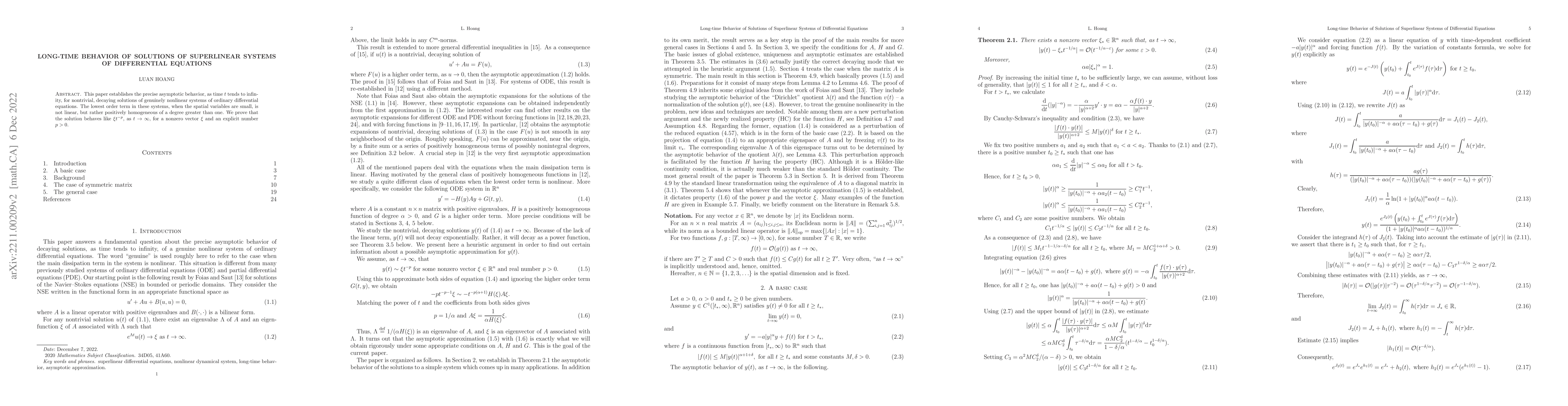 Thumbnail for Long-time behavior of solutions of superlinear systems of differential
  equations