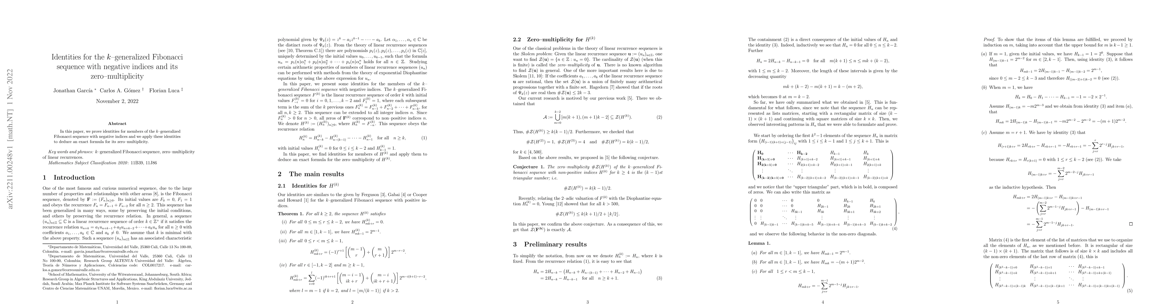 Thumbnail for Identities for the k-generalized Fibonacci sequence with negative
  indices and its zero-multiplicity