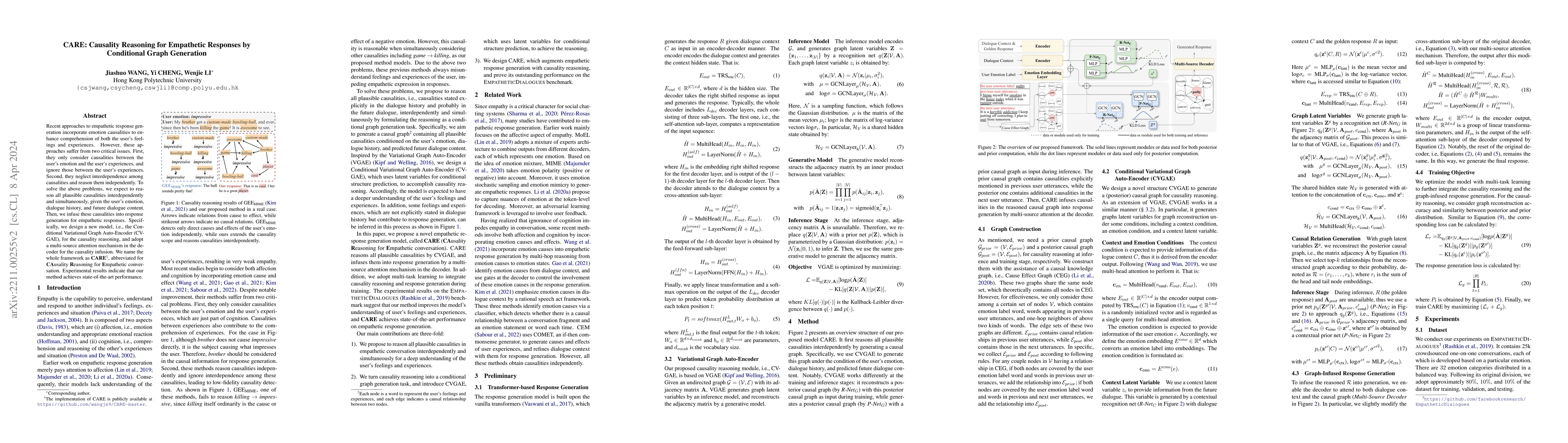 Thumbnail for CARE: Causality Reasoning for Empathetic Responses by Conditional Graph
  Generation