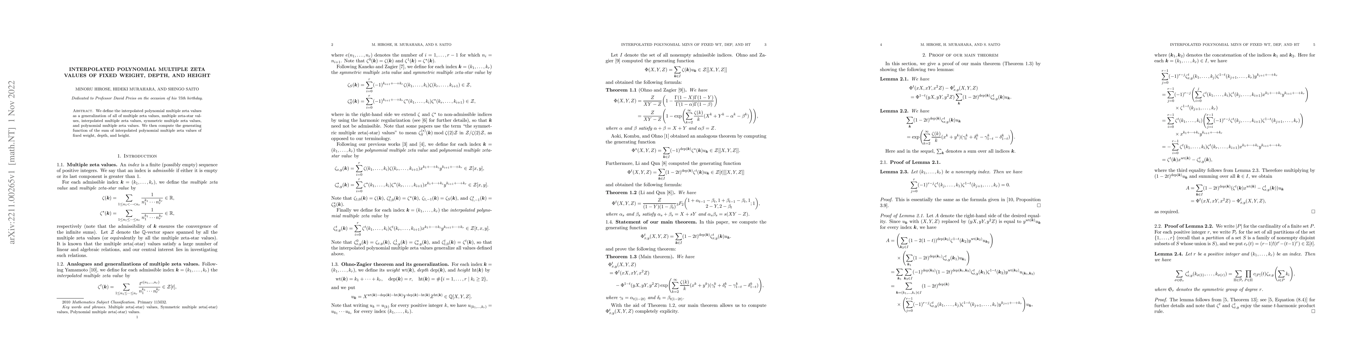 Thumbnail for Interpolated polynomial multiple zeta values of fixed weight, depth, and
  height