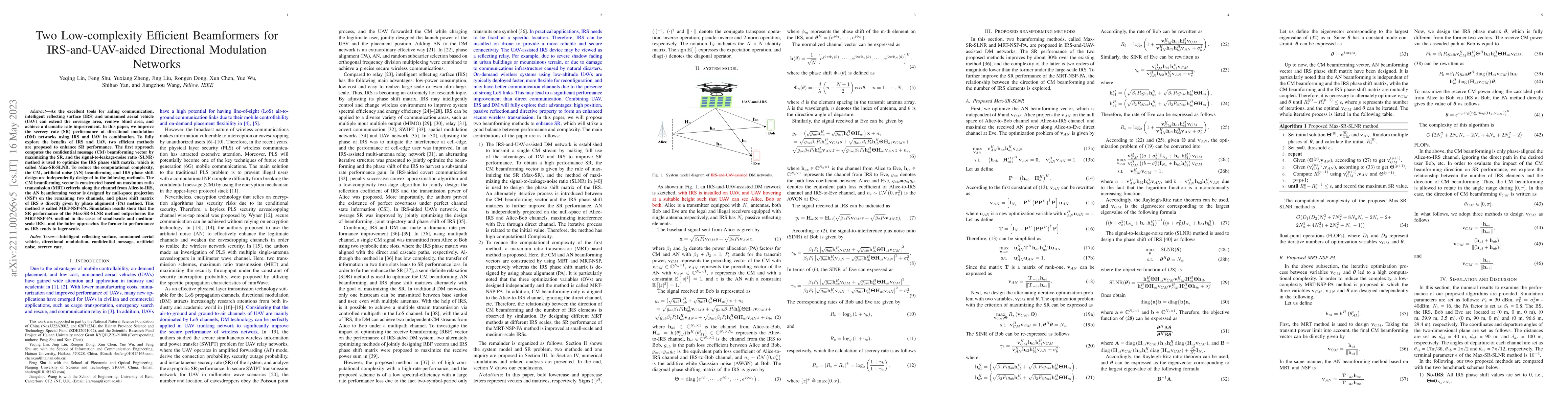 Thumbnail for Two Low-complexity Efficient Beamformers for IRS-and-UAV-aided
  Directional Modulation Networks