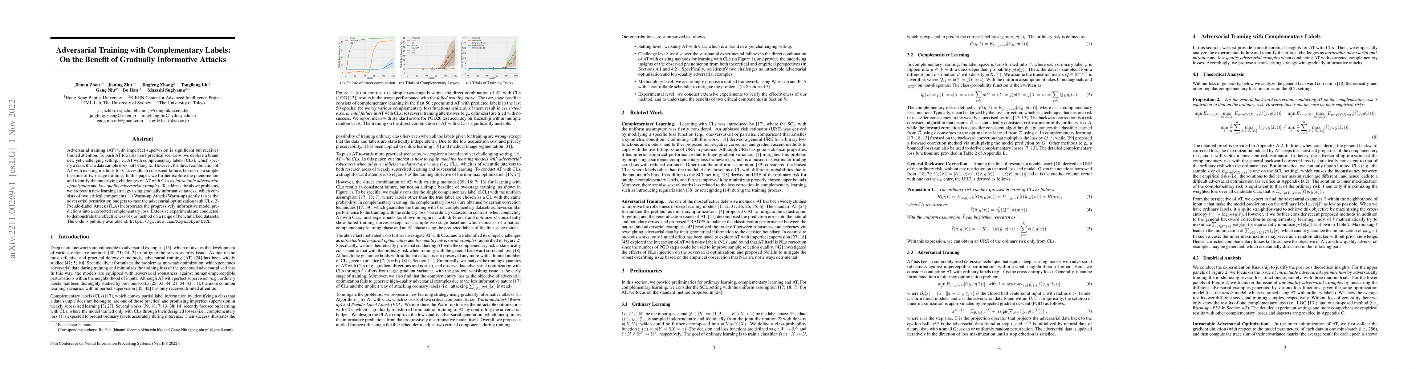 Thumbnail for Adversarial Training with Complementary Labels: On the Benefit of
  Gradually Informative Attacks