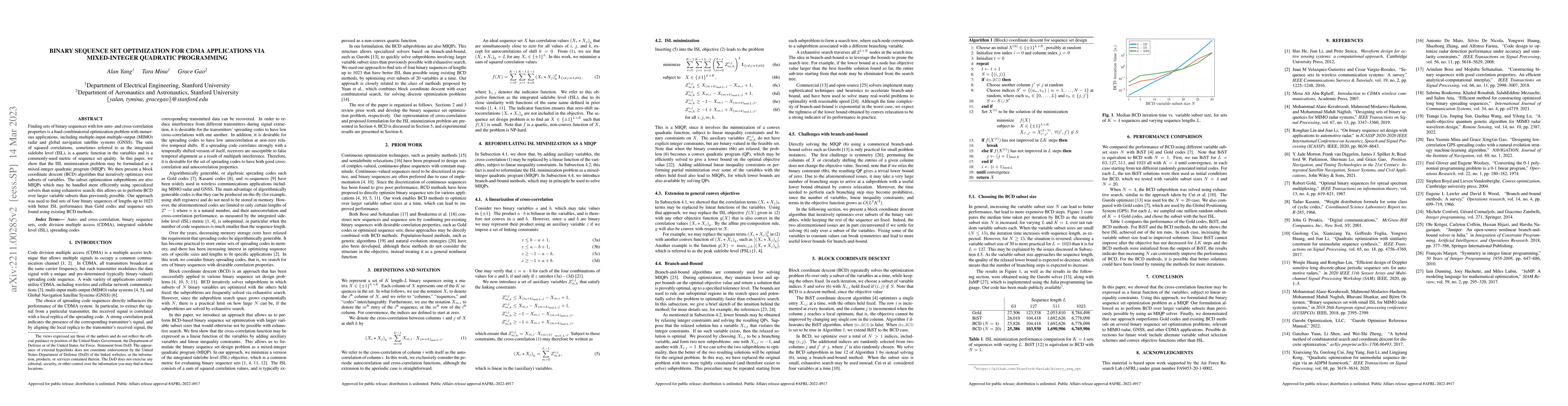 Thumbnail for Binary sequence set optimization for CDMA applications via mixed-integer
  quadratic programming