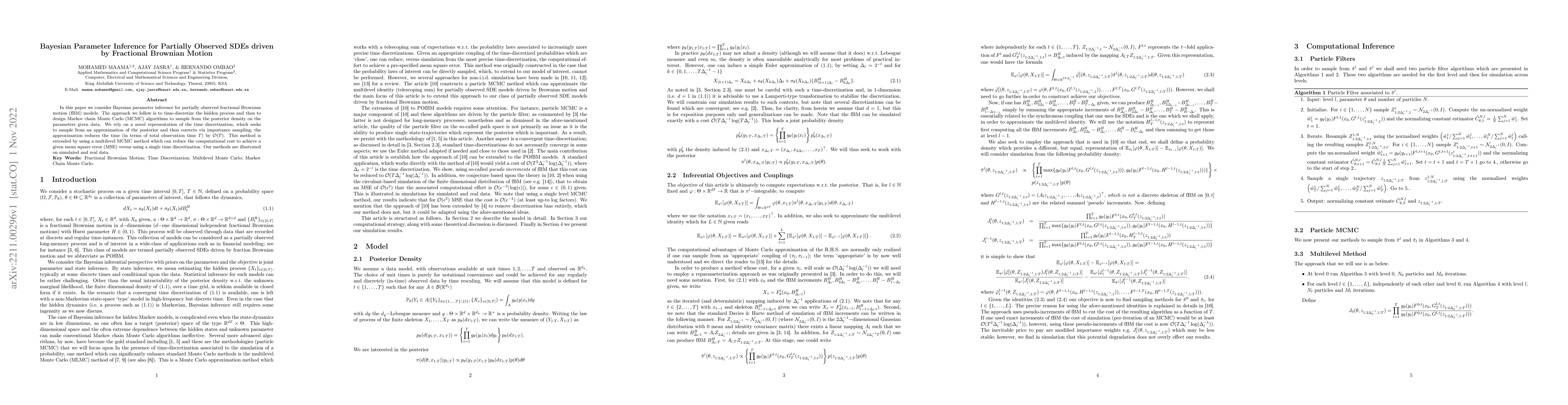 Thumbnail for Bayesian Parameter Inference for Partially Observed SDEs driven by
  Fractional Brownian Motion