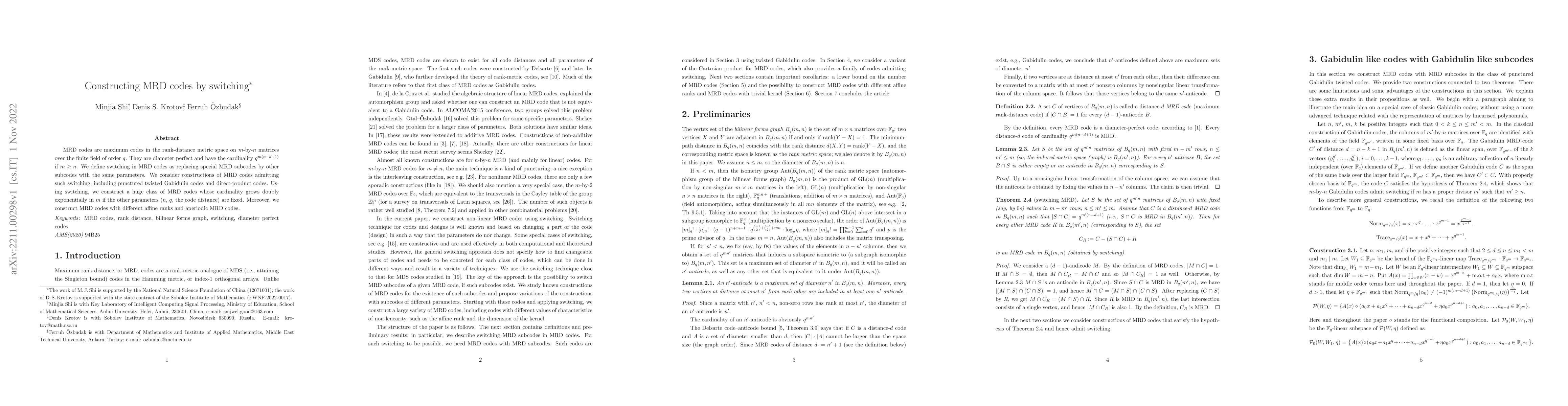 Thumbnail for Constructing MRD codes by switching