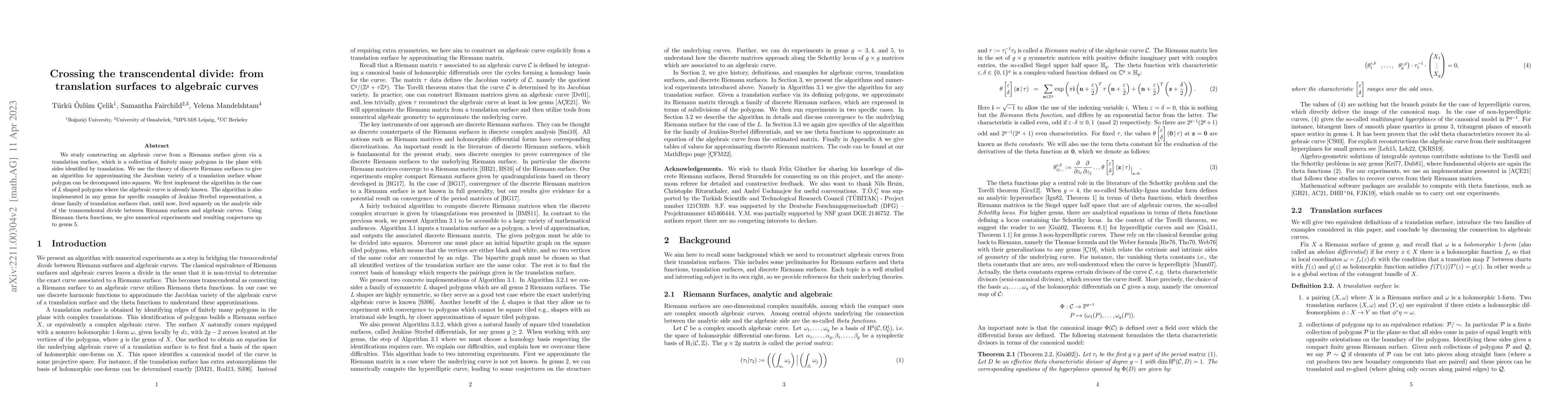 Thumbnail for Crossing the transcendental divide: from translation surfaces to
  algebraic curves