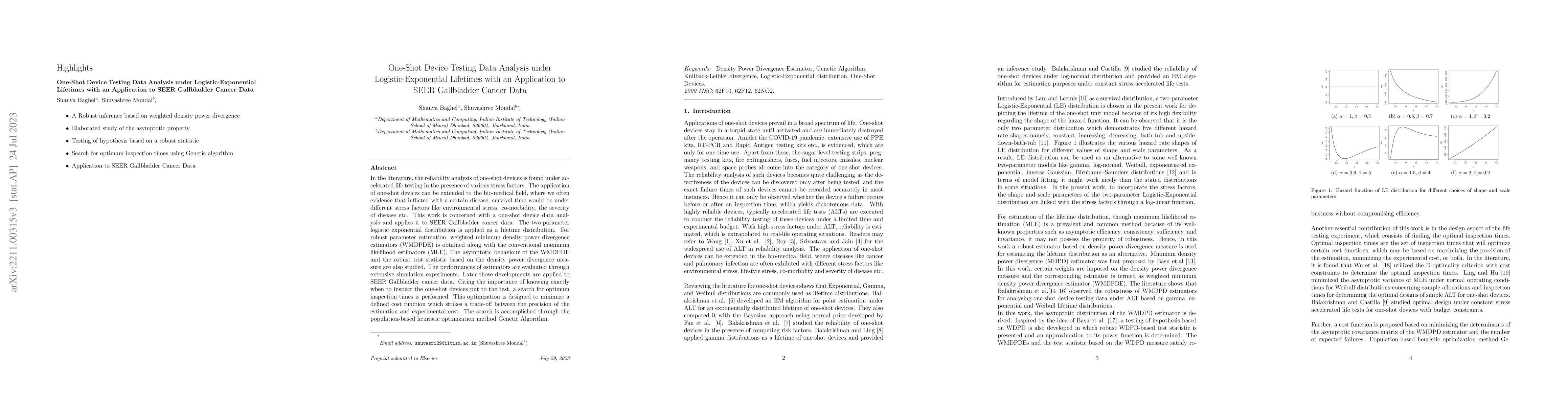 Thumbnail for One-Shot Device Testing Data Analysis under Logistic-Exponential
  Lifetimes with an Application to SEER Gallbladder Cancer Data