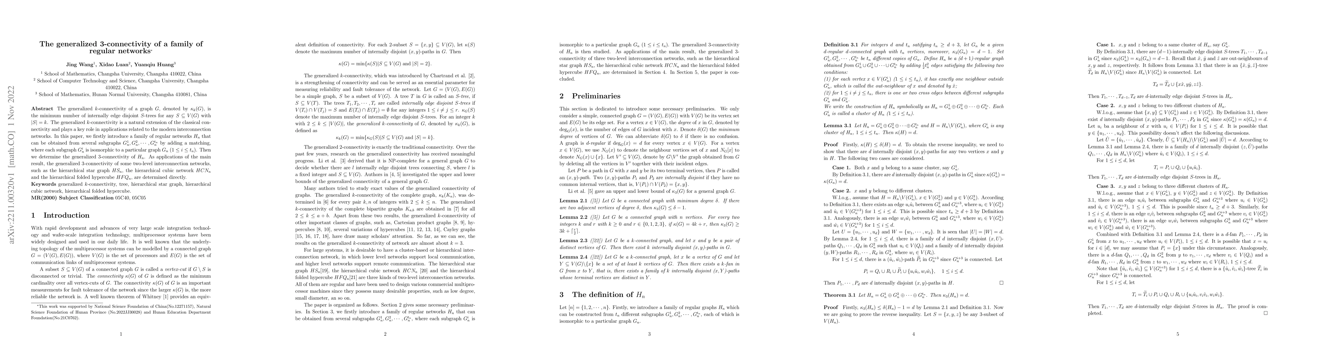 Thumbnail for The generalized 3-connectivity of a family regular networks