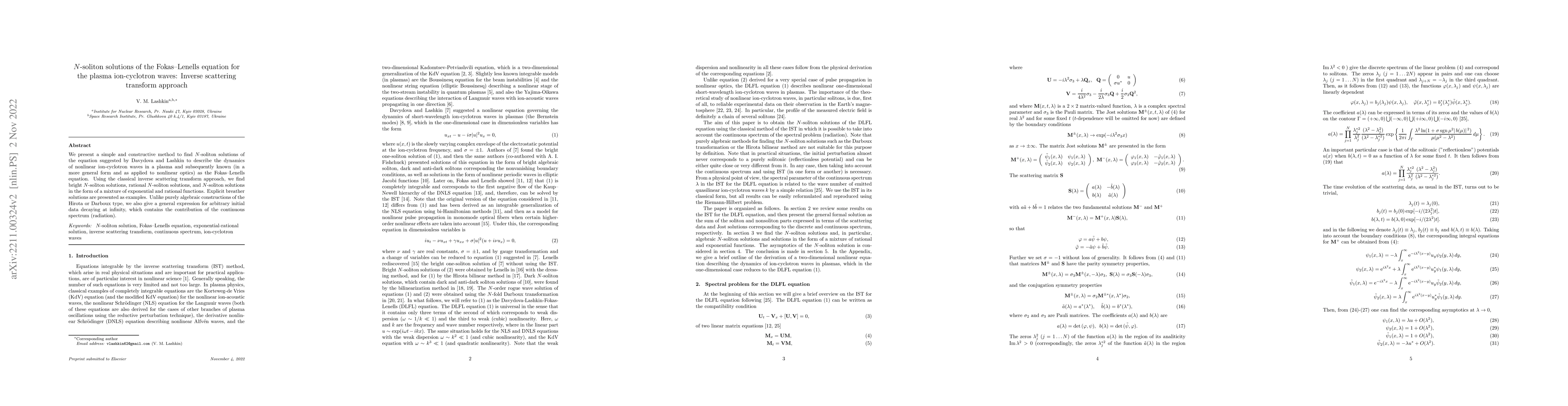 Thumbnail for $N$-soliton solutions of the Fokas-Lenells equation for the plasma
  ion-cyclotron waves: Inverse scattering transform approach