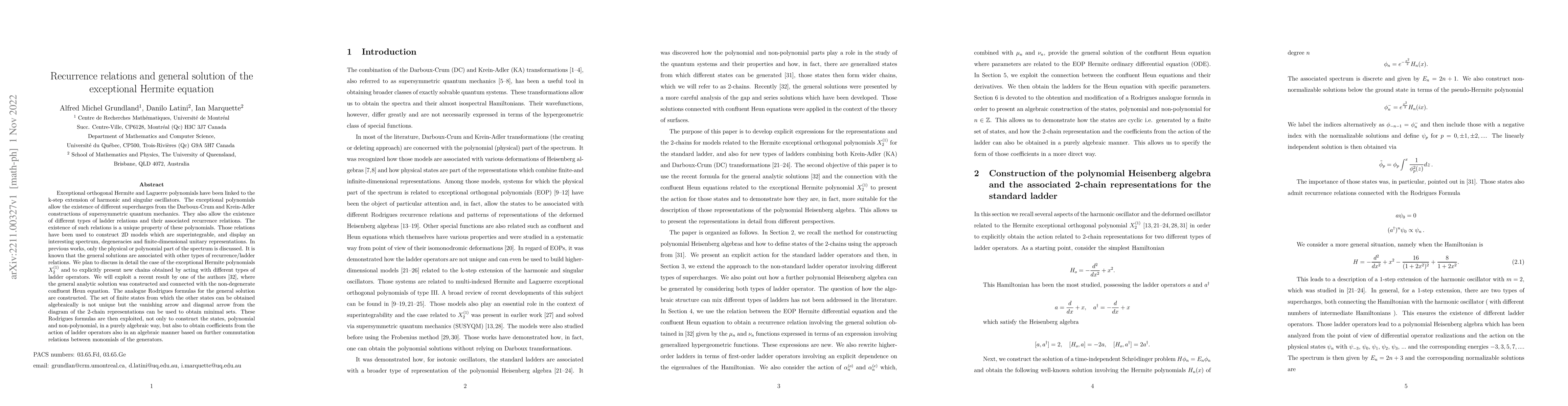 Thumbnail for Recurrence relations and general solution of the exceptional Hermite
  equation