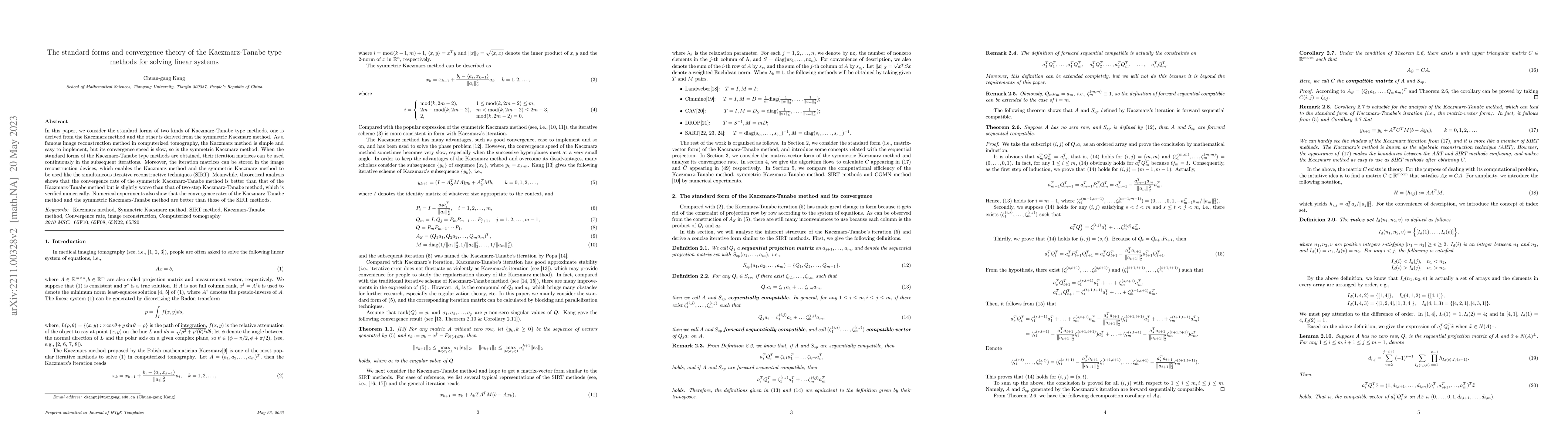 Thumbnail for The standard forms and convergence theory of the Kaczmarz-Tanabe type
  methods for solving linear systems