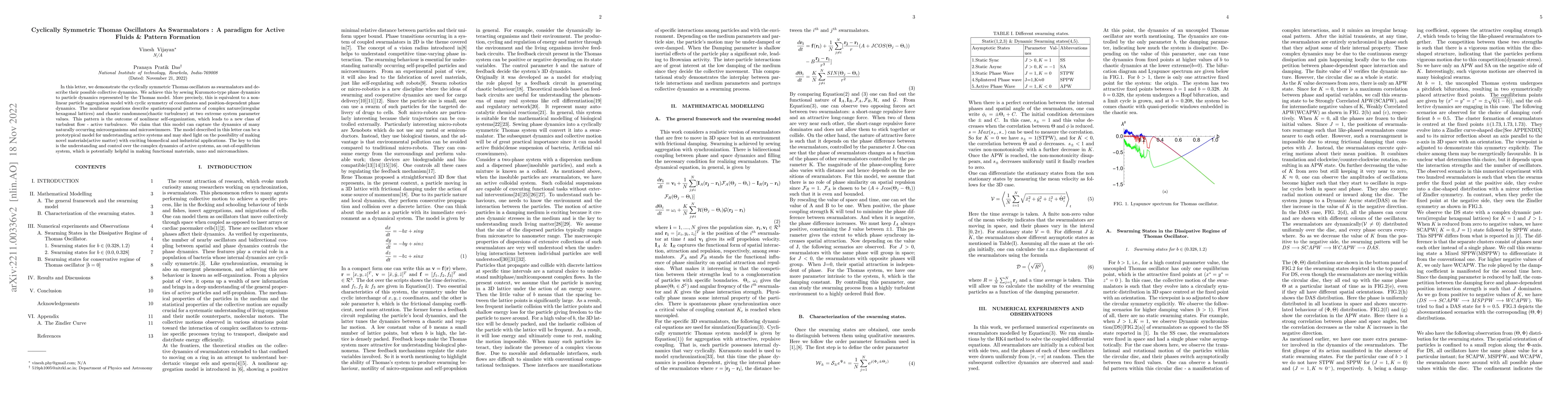 Thumbnail for Cyclically Symmetric Thomas Oscillators As Swarmalators : A paradigm for
  Active Fluids & Pattern Formation