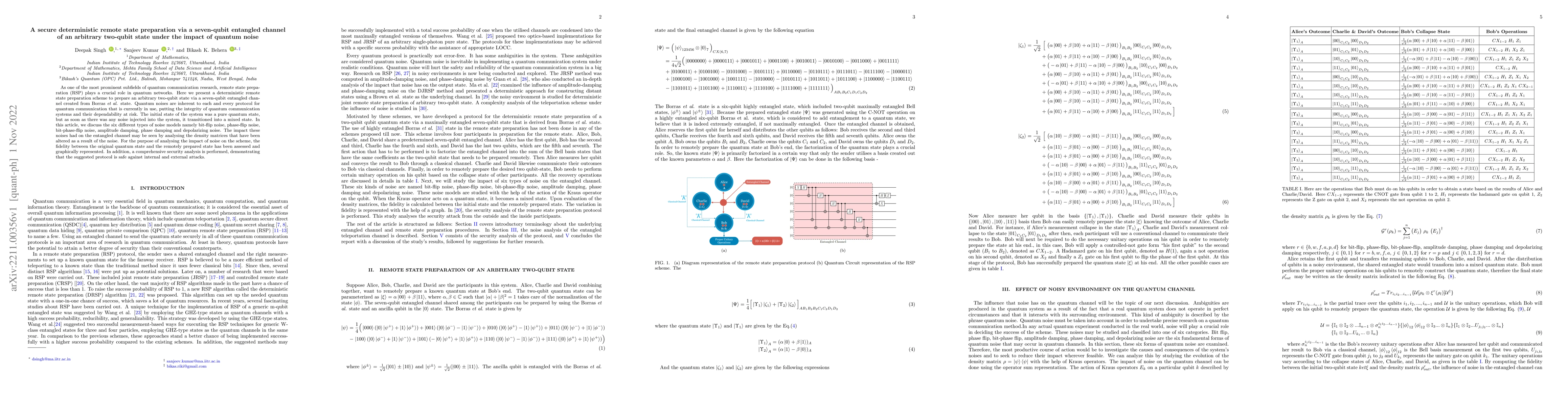 Thumbnail for A secure deterministic remote state preparation via a seven-qubit
  entangled channel of an arbitrary two-qubit state under the impact of quantum
  noise