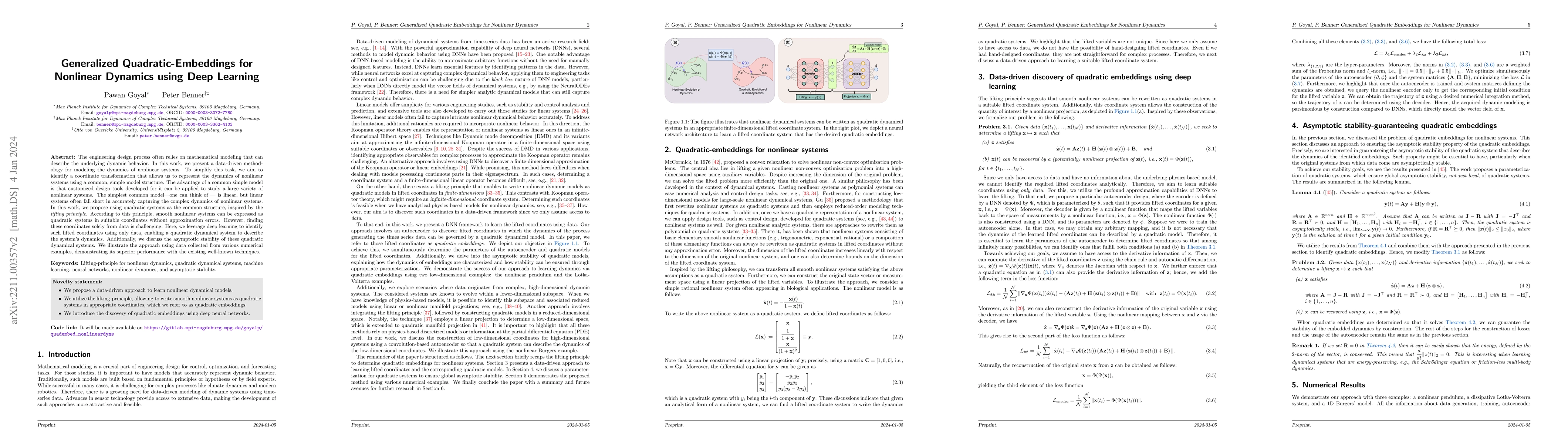 Thumbnail for Generalized Quadratic Embeddings for Nonlinear Dynamics using Deep
  Learning