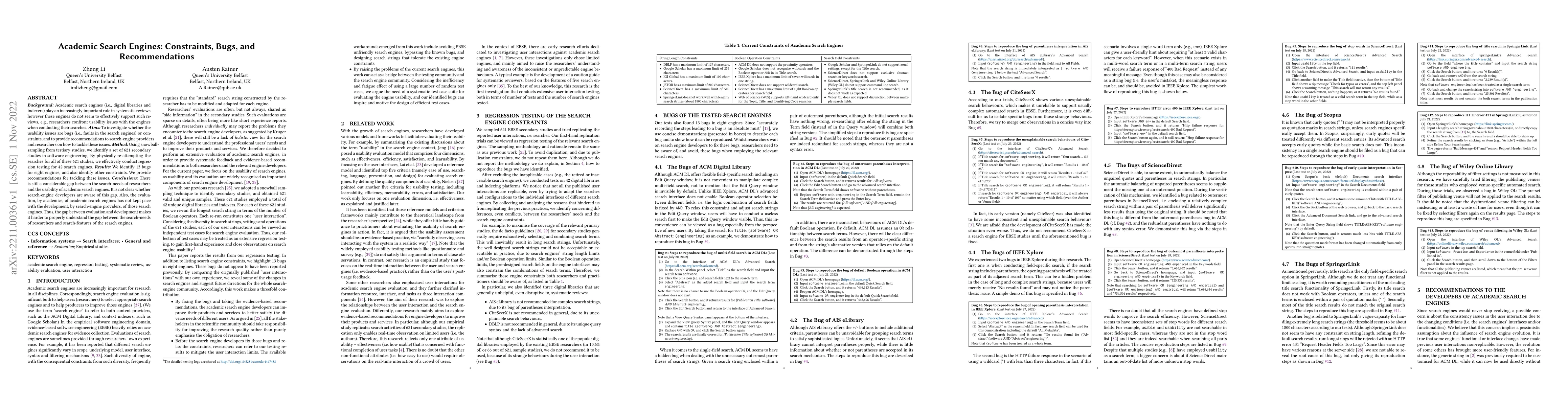 Thumbnail for Academic Search Engines: Constraints, Bugs, and Recommendation