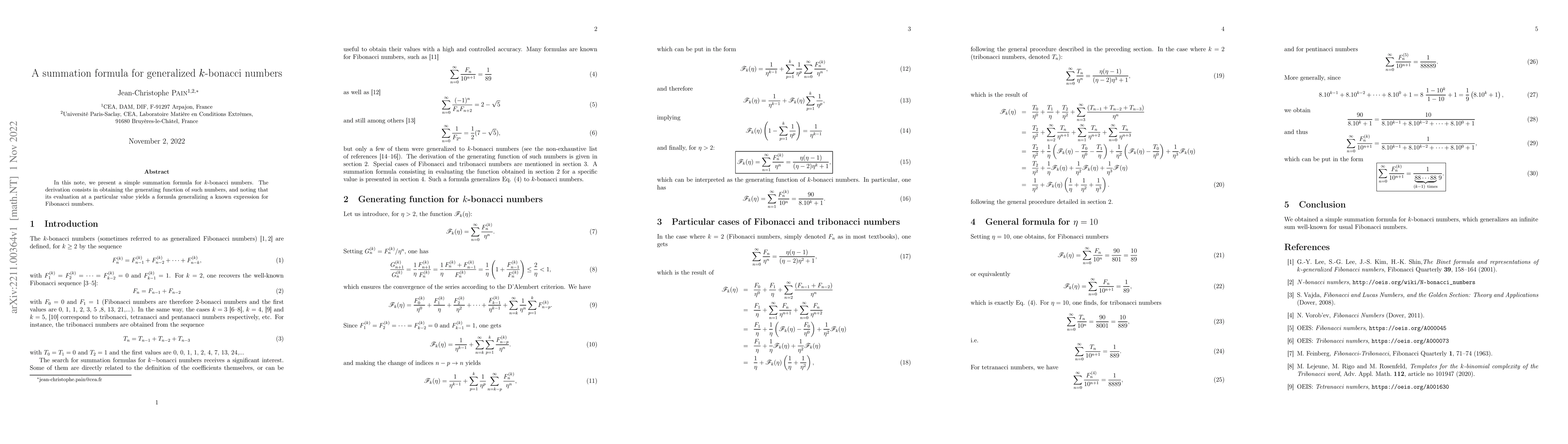 Thumbnail for A summation formula for generalized $k$-bonacci numbers