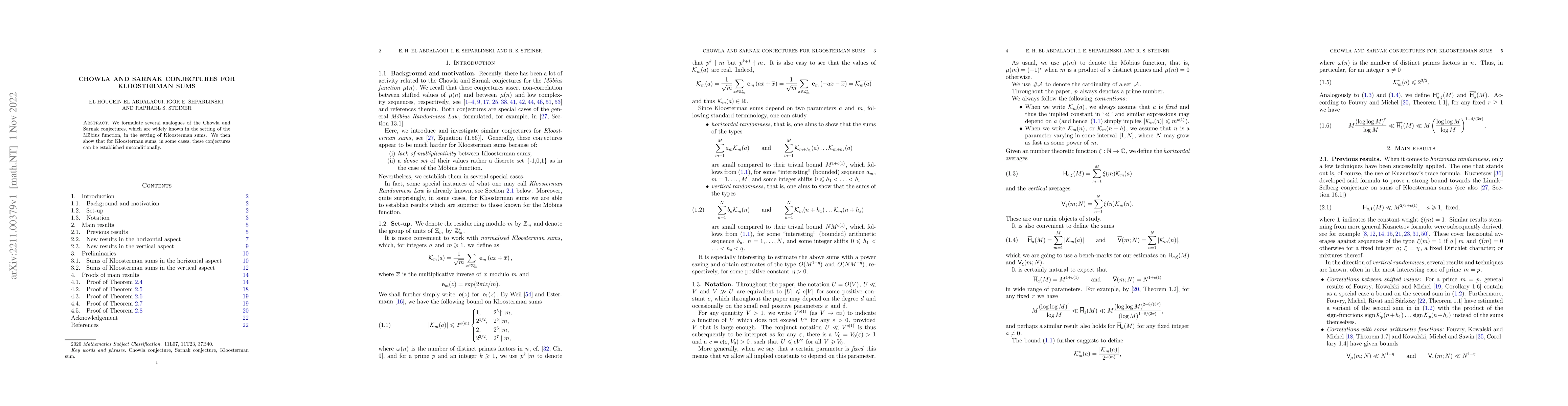 Thumbnail for Chowla and Sarnak Conjectures for Kloosterman Sums