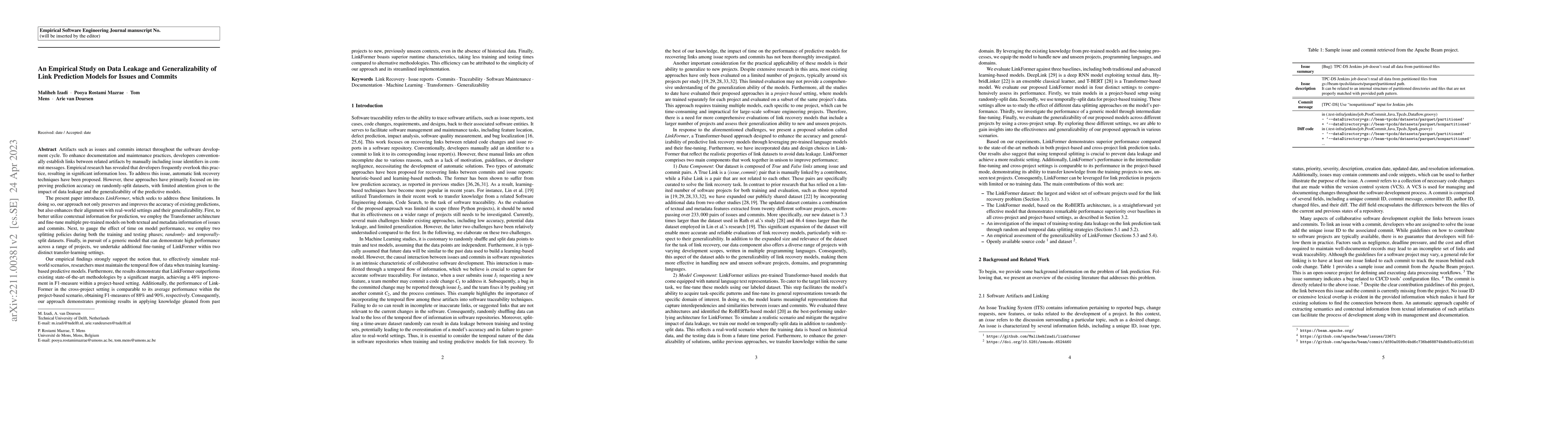 Thumbnail for An Empirical Study on Data Leakage and Generalizability of Link
  Prediction Models for Issues and Commits