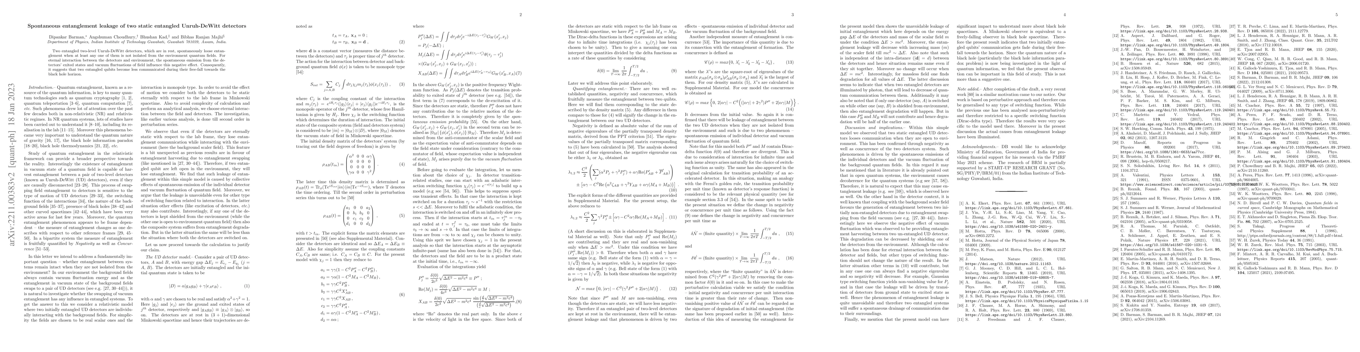 Thumbnail for Spontaneous entanglement leakage of two static entangled Unruh-DeWitt
  detectors