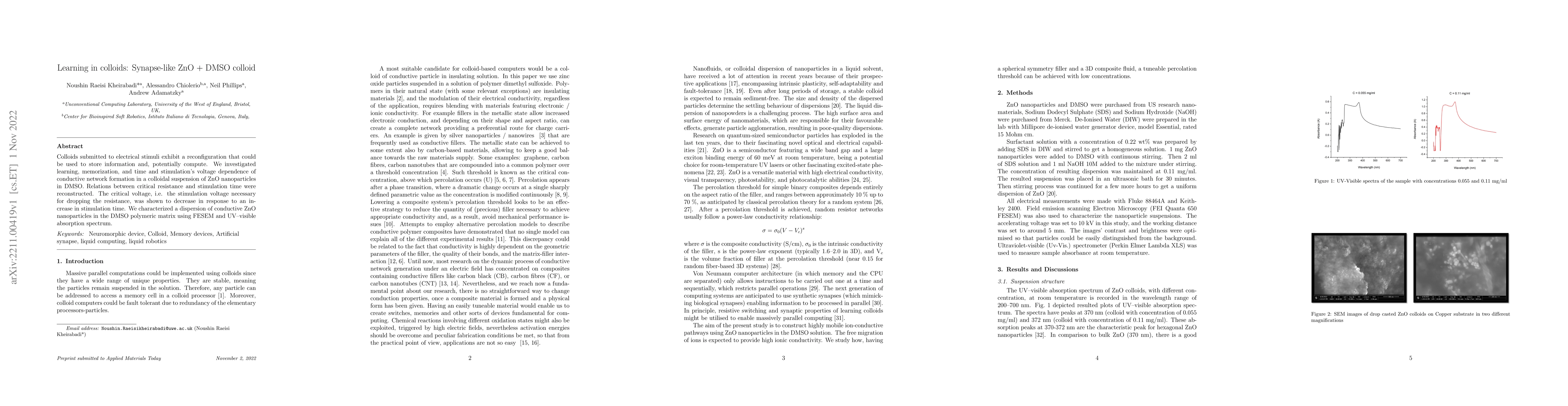 Thumbnail for Learning in colloids: Synapse-like ZnO + DMSO colloid