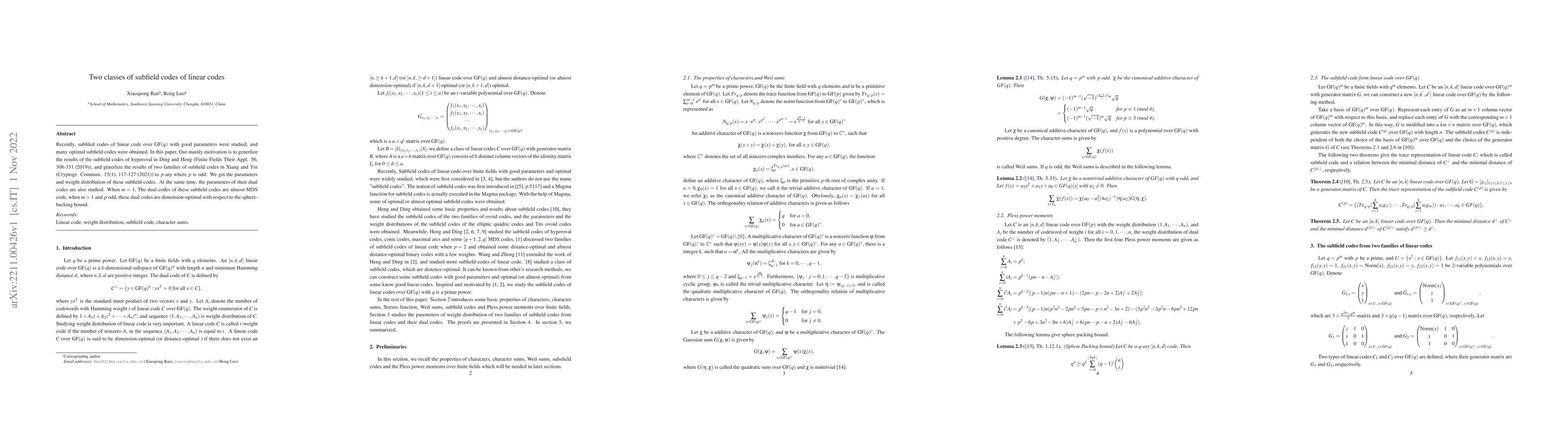 Thumbnail for Two classes of subfield codes of linear codes