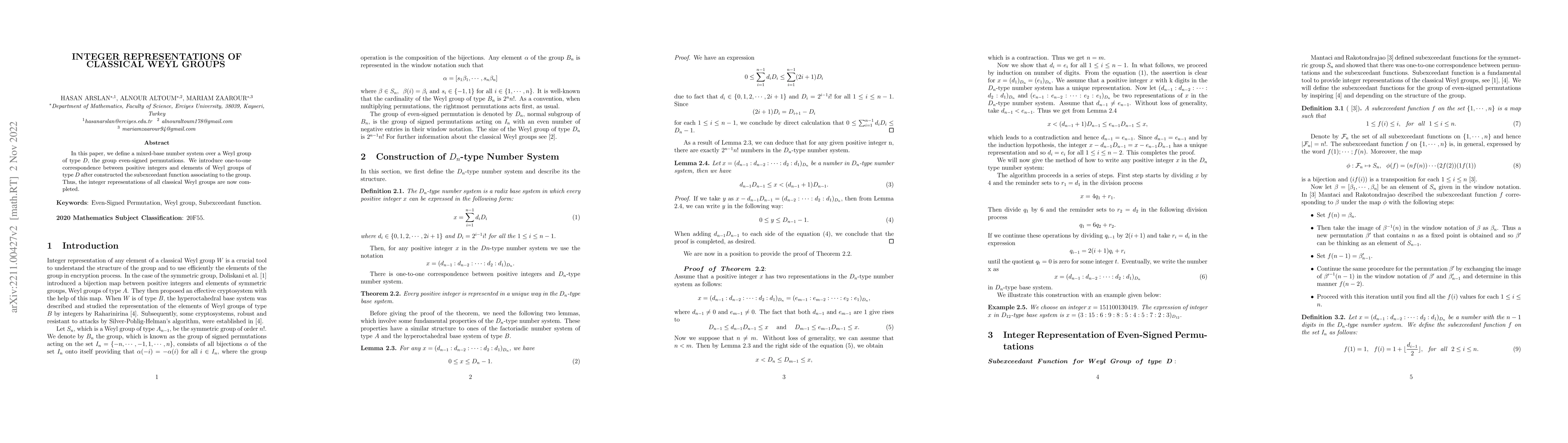 Thumbnail for Integer Representations of Classical Weyl Groups