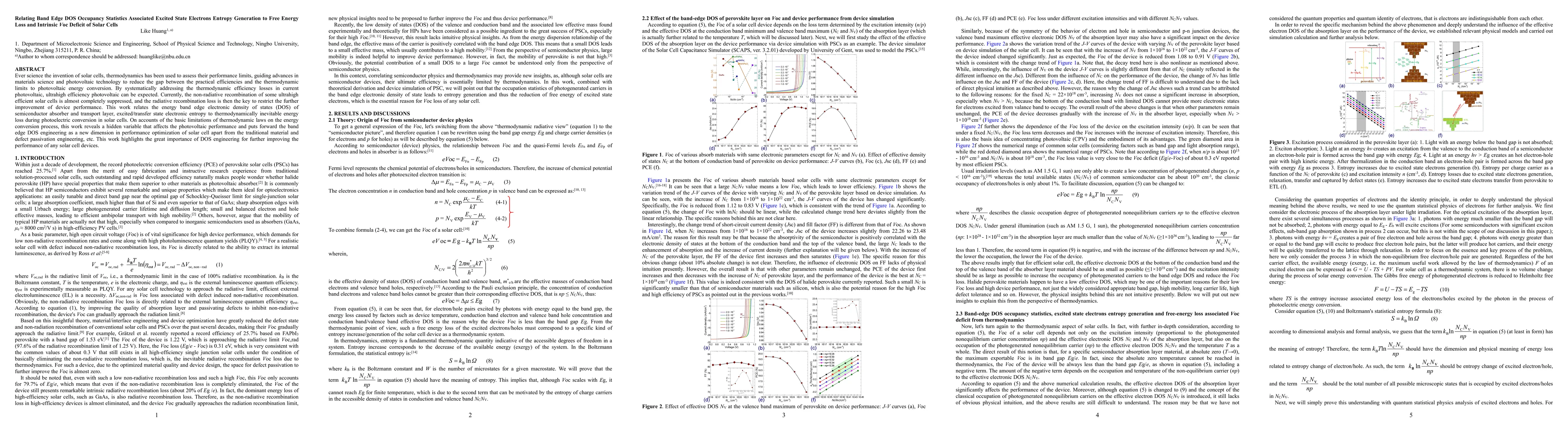 Thumbnail for Relating Band Edge DOS Occupancy Statistics Associated Excited State
  Electrons Entropy Generation to Free Energy Loss and Intrinsic Voc Deficit of
  Solar Cells