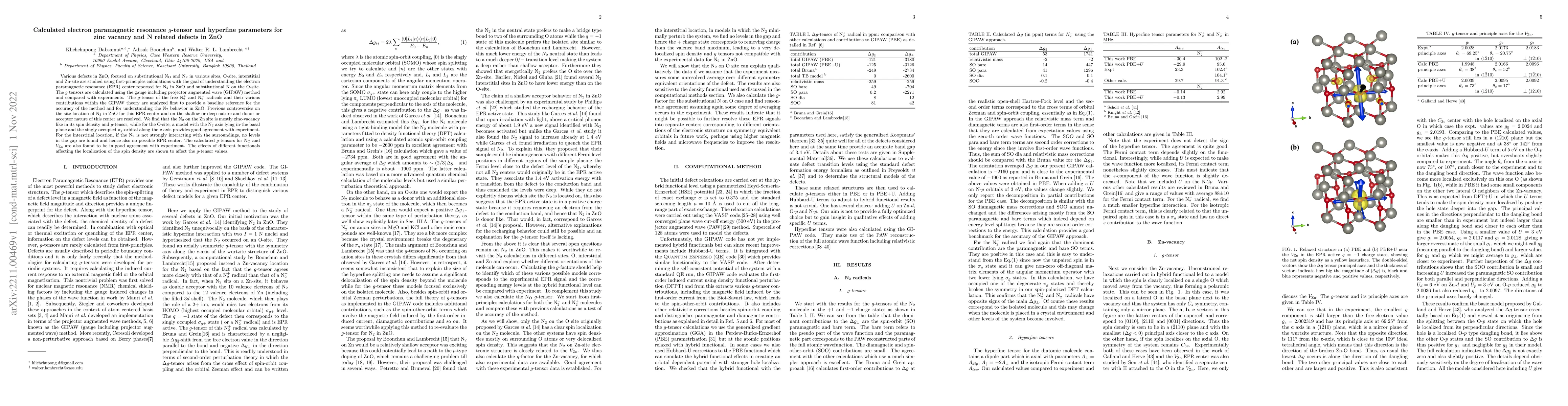 Thumbnail for Calculated electron paramagnetic resonance $g$-tensor and hyperfine
  parameters for zinc vacancy and N related defects in ZnO