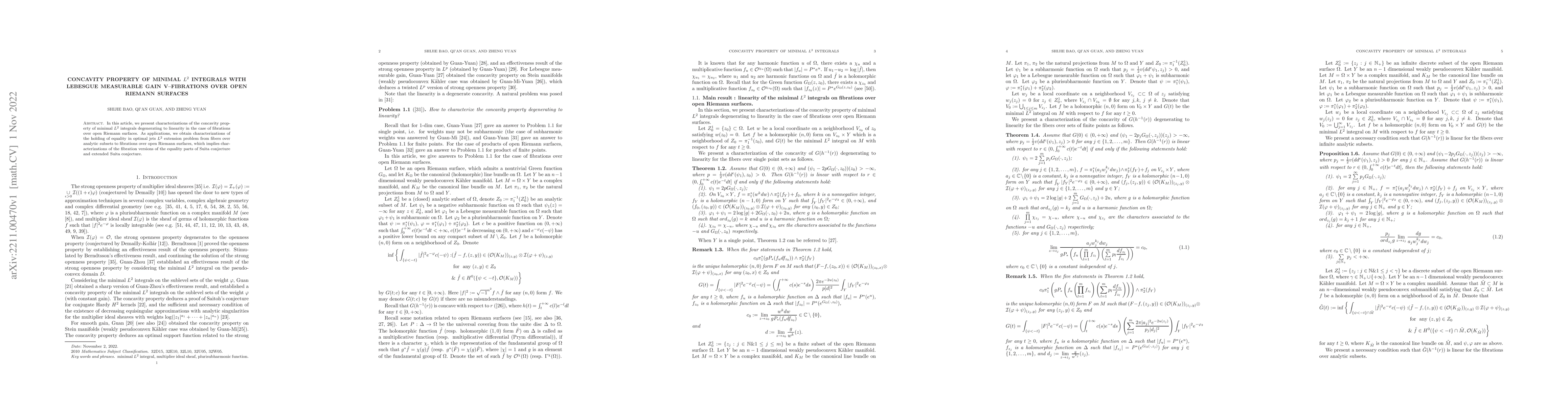 Thumbnail for Concavity property of minimal $L^2$ integrals with Lebesgue measurable
  gain V--fibrations over open Riemann surfaces