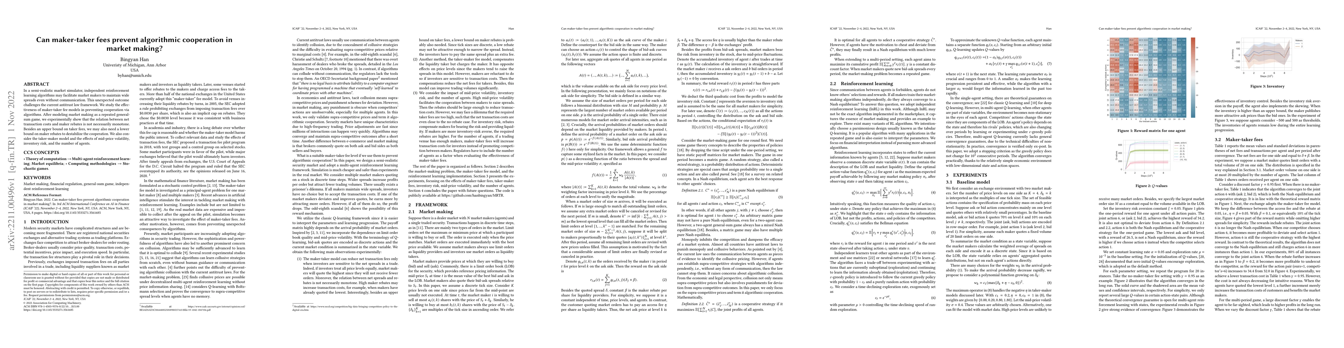 Thumbnail for Can maker-taker fees prevent algorithmic cooperation in market making?