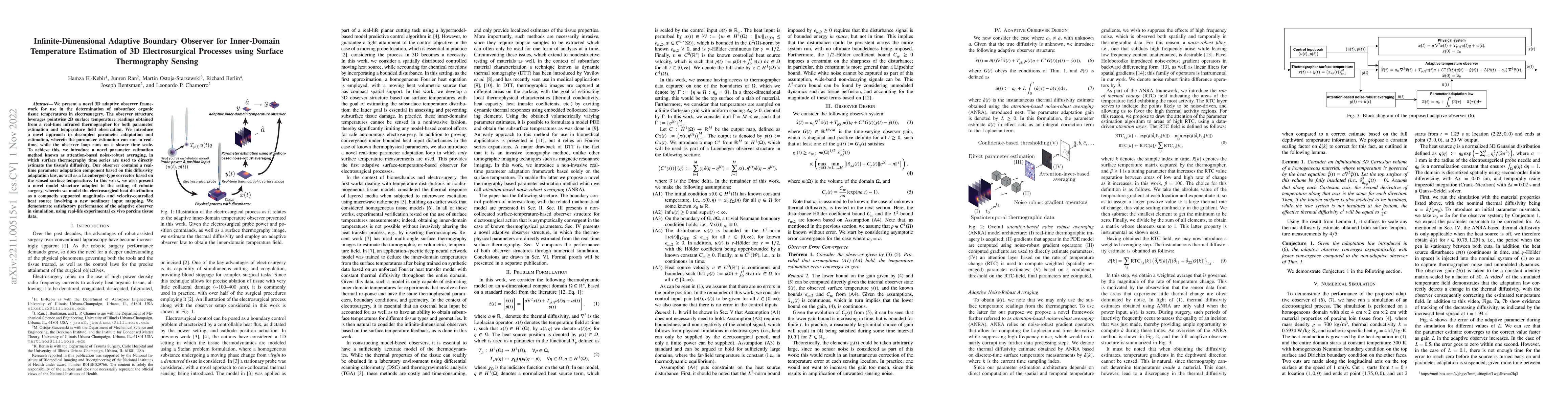 Thumbnail for Infinite-Dimensional Adaptive Boundary Observer for Inner-Domain
  Temperature Estimation of 3D Electrosurgical Processes using Surface
  Thermography Sensing