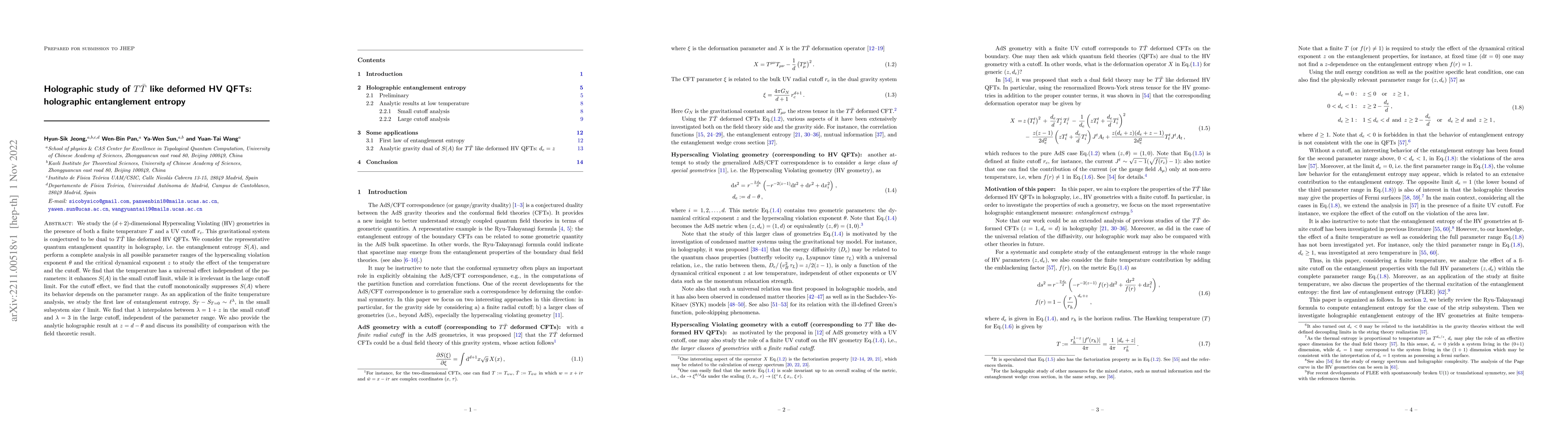 Thumbnail for Holographic study of $T\bar{T}$ like deformed HV QFTs: holographic
  entanglement entropy