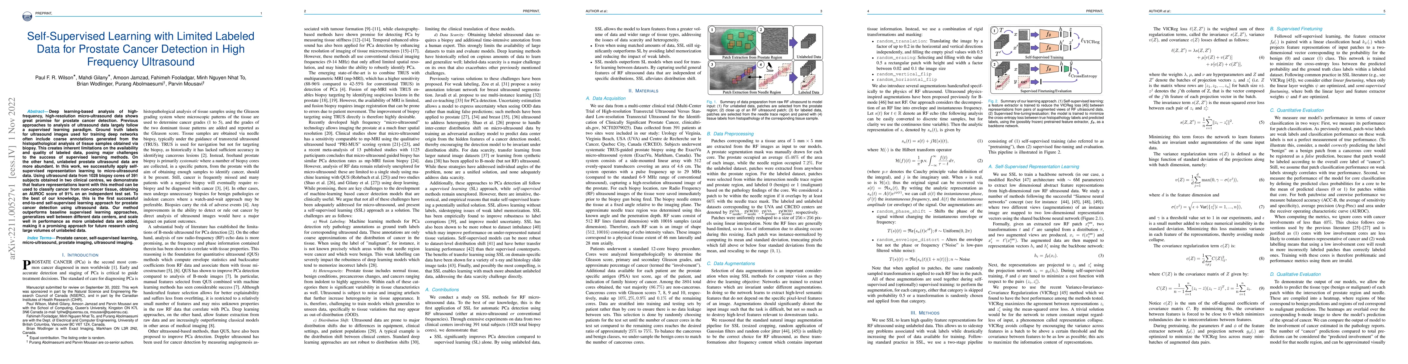 Thumbnail for Self-Supervised Learning with Limited Labeled Data for Prostate Cancer
  Detection in High Frequency Ultrasound