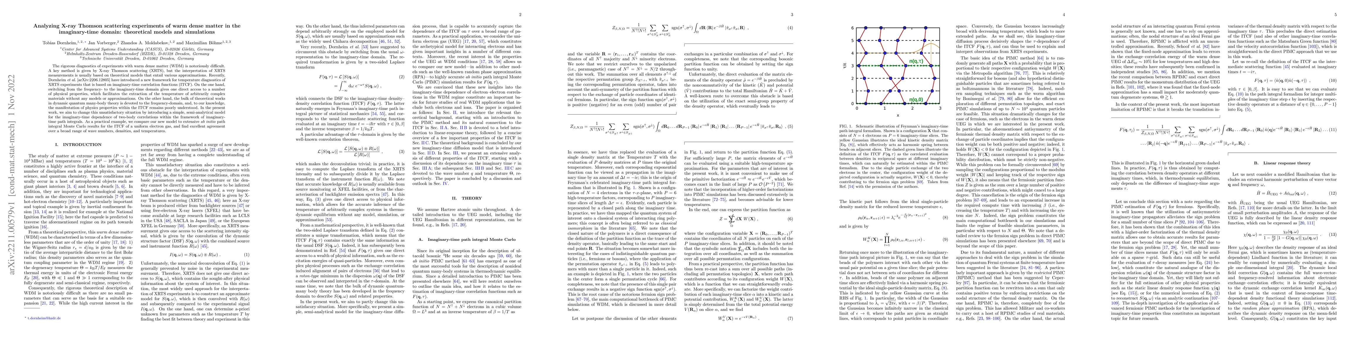 Thumbnail for Analyzing X-ray Thomson scattering experiments of warm dense matter in
  the imaginary-time domain: theoretical models and simulations