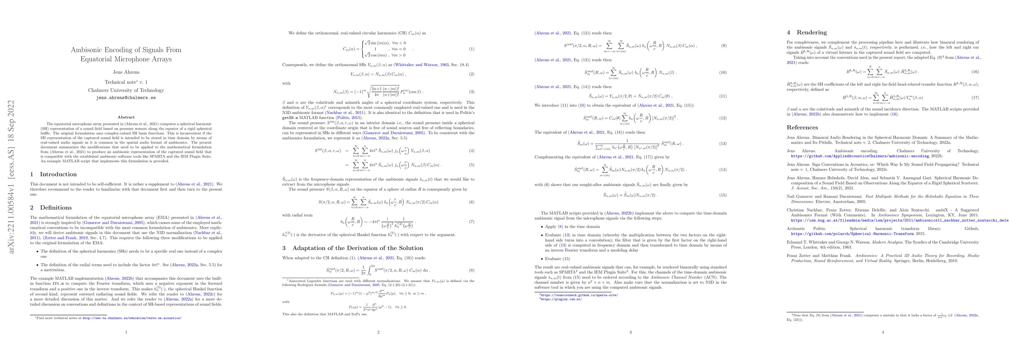 Thumbnail for Ambisonic Encoding of Signals From Equatorial Microphone Arrays