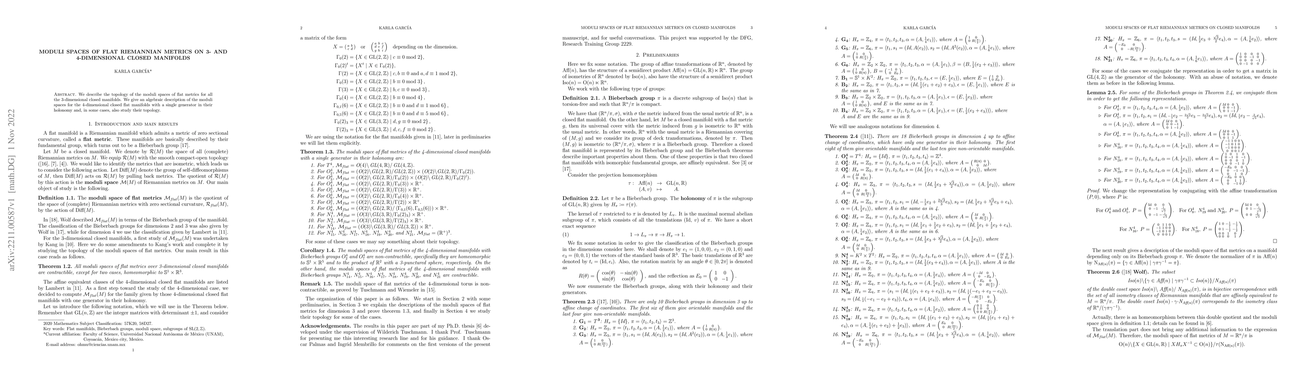 Thumbnail for Moduli spaces of flat Riemannian metrics on 3- and 4-dimensional closed
  manifolds