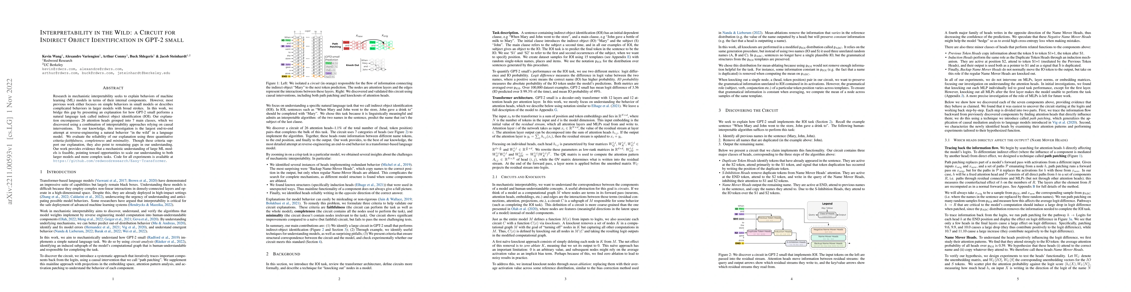 Thumbnail for Interpretability in the Wild: a Circuit for Indirect Object
  Identification in GPT-2 small