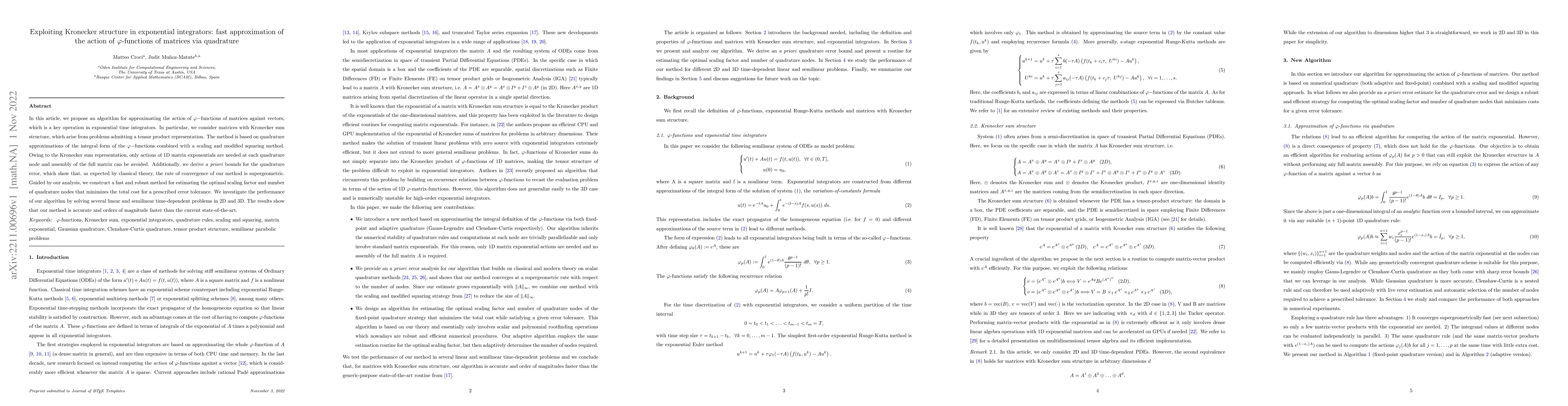 Thumbnail for Exploiting Kronecker structure in exponential integrators: fast
  approximation of the action of $\varphi$-functions of matrices via quadrature