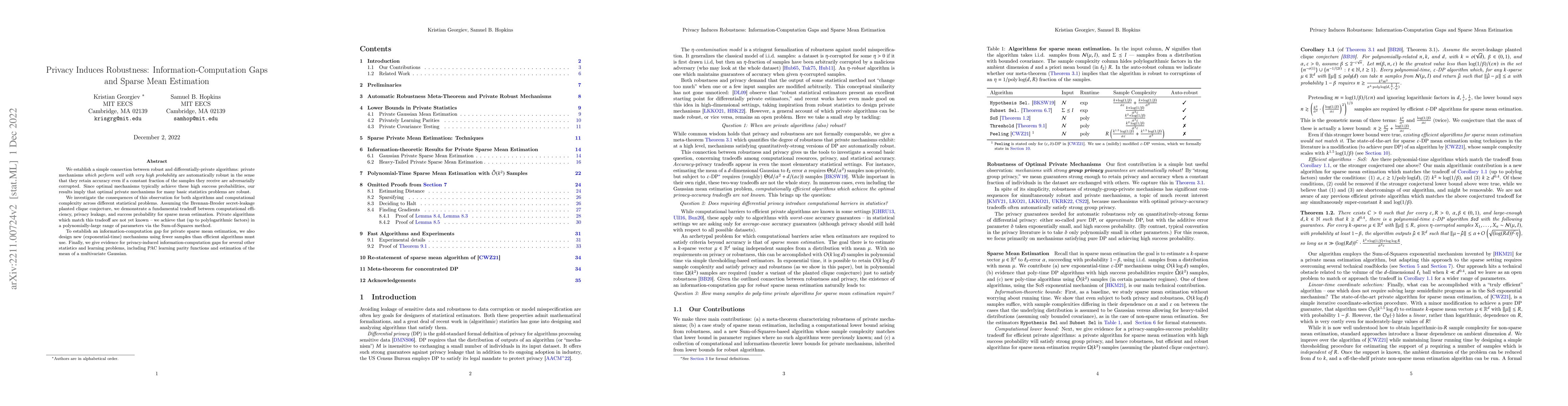 Thumbnail for Privacy Induces Robustness: Information-Computation Gaps and Sparse Mean
  Estimation