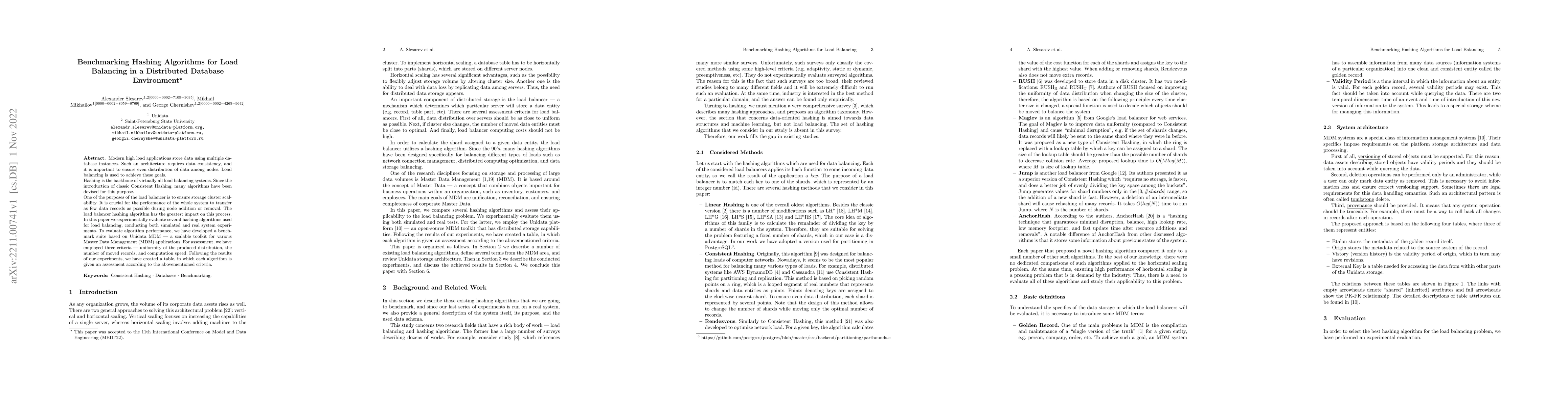 Thumbnail for Benchmarking Hashing Algorithms for Load Balancing in a Distributed
  Database Environment