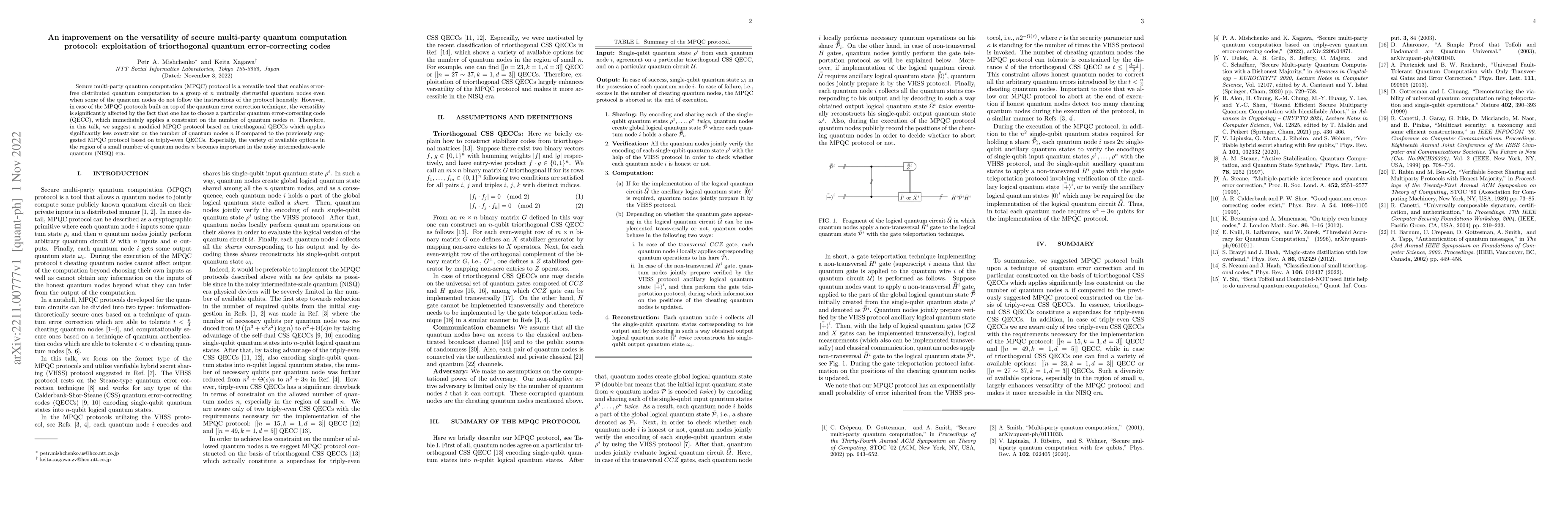 Thumbnail for An improvement on the versatility of secure multi-party quantum
  computation protocol: exploitation of triorthogonal quantum error-correcting
  codes