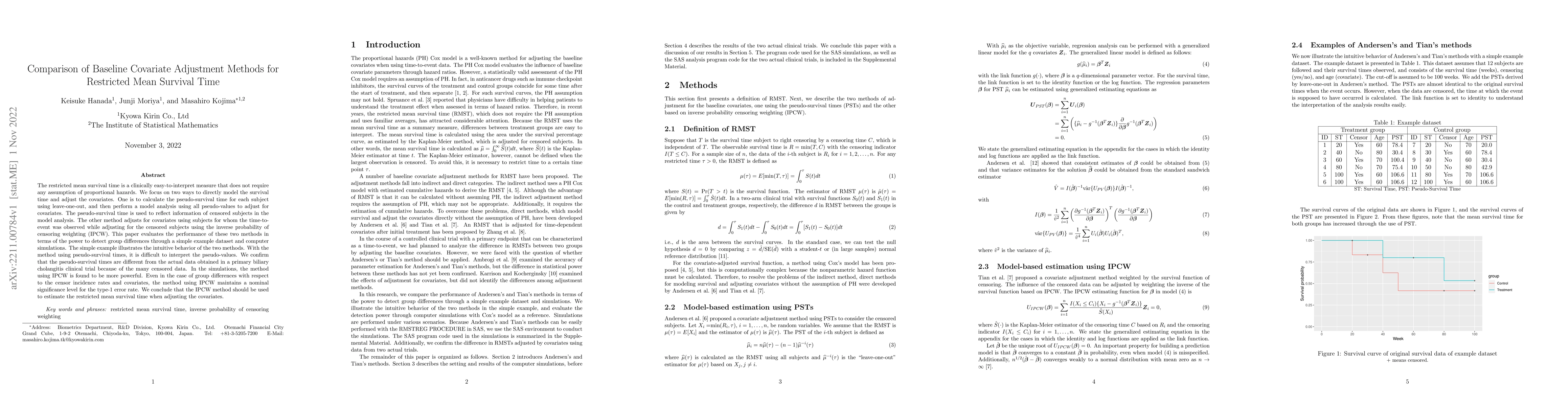 Thumbnail for Comparison of Baseline Covariate Adjustment Methods for Restricted Mean
  Survival Time