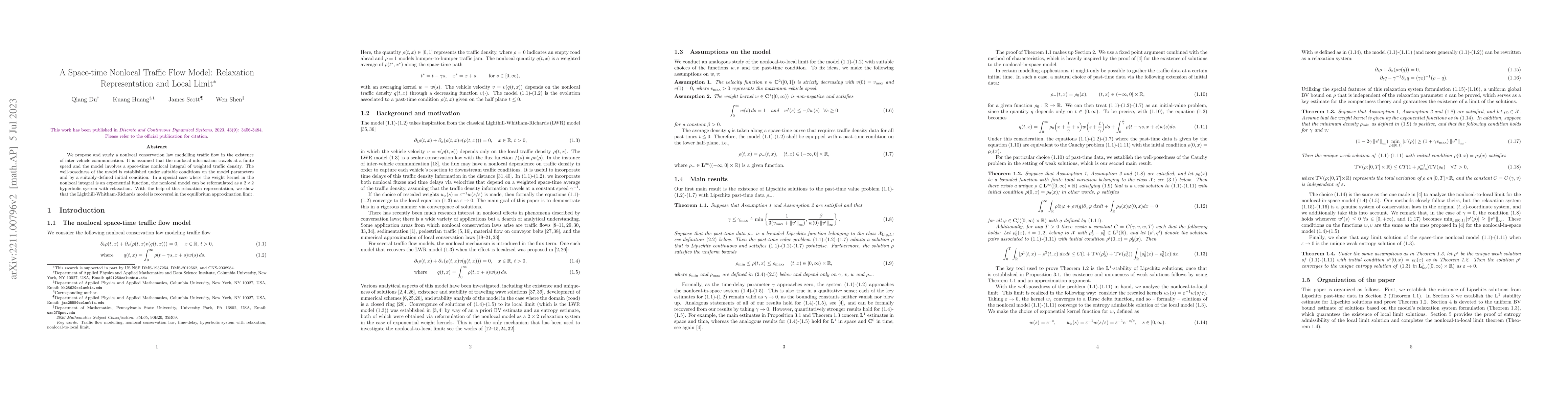 Thumbnail for A Space-time Nonlocal Traffic Flow Model: Relaxation Representation and
  Local Limit
