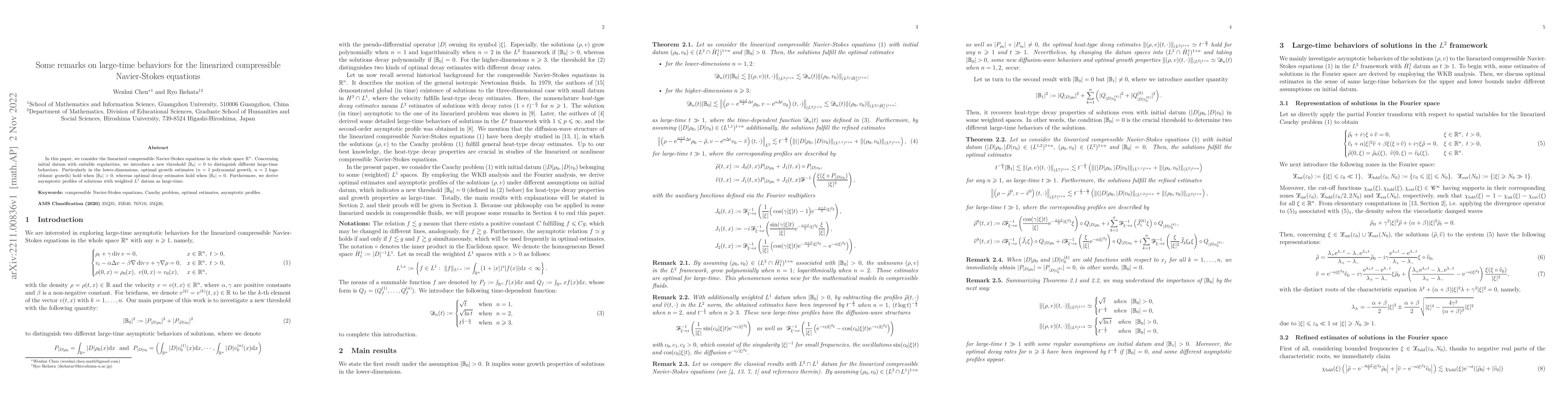 Thumbnail for Some remarks on large-time behaviors for the linearized compressible
  Navier-Stokes equations