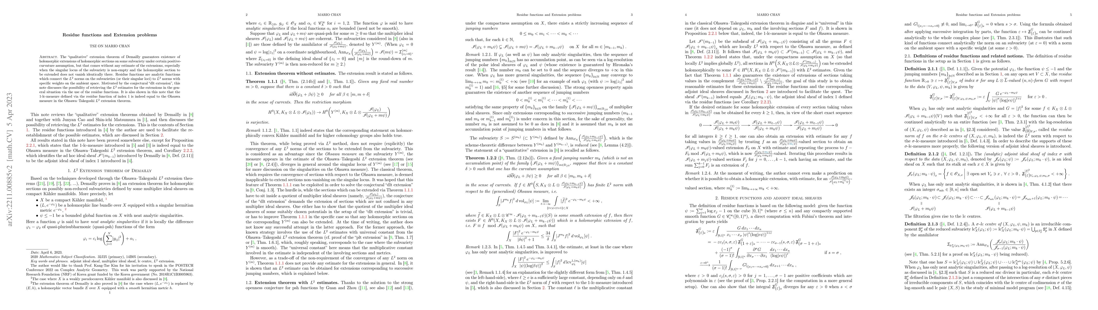 Thumbnail for Residue functions and Extension problems