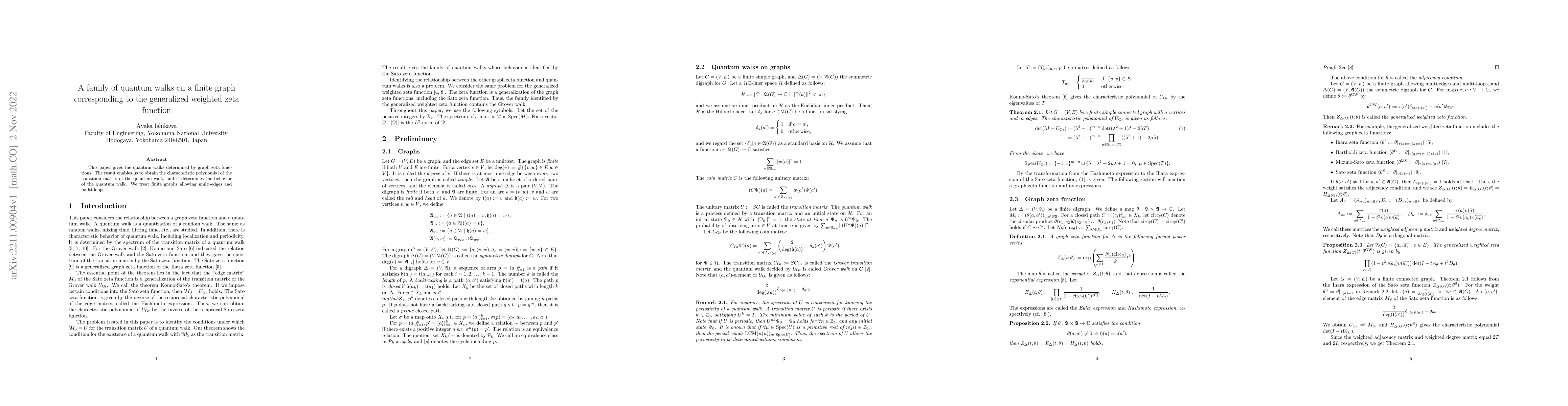Thumbnail for A family of quantum walks on a finite graph corresponding to the
  generalized weighted zeta function