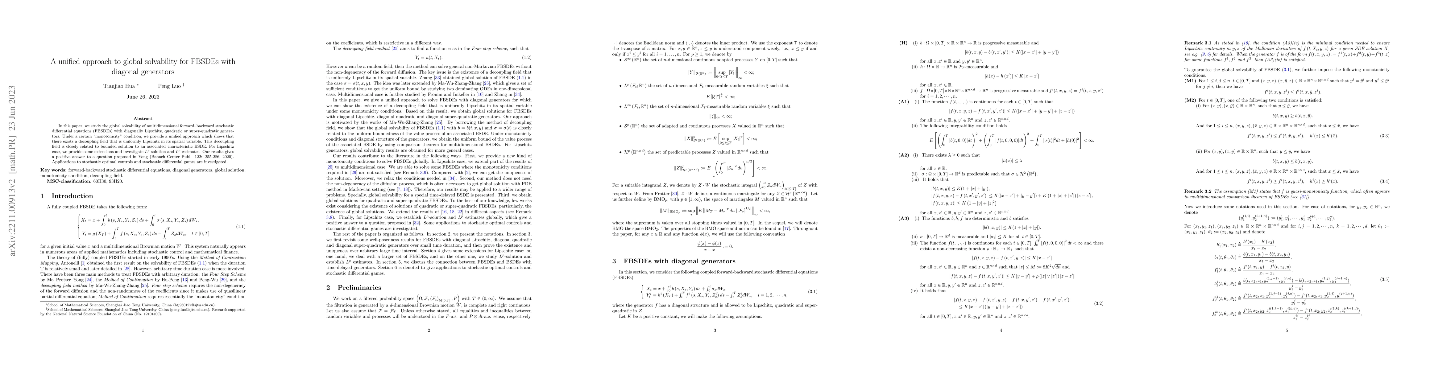 Thumbnail for A unified approach to global solvability for FBSDEs with diagonal
  generators
