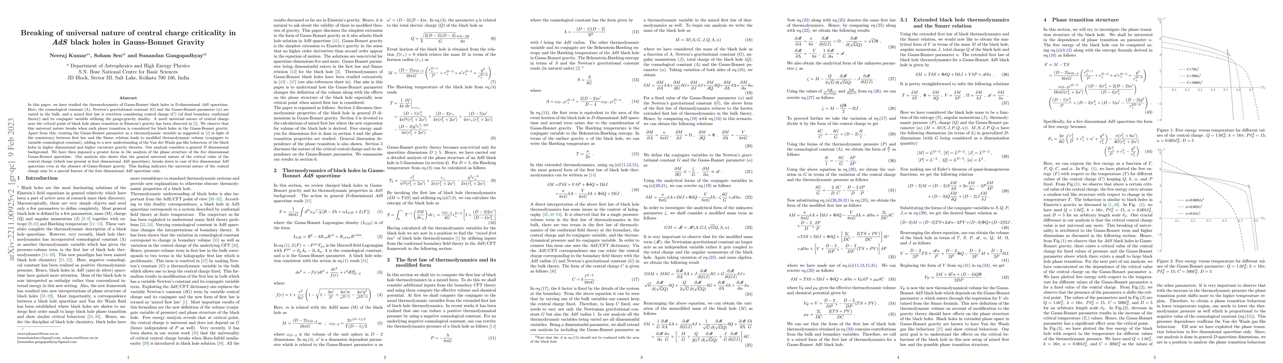 Thumbnail for Breaking of universal nature of central charge criticality in $AdS$
  black holes in Gauss-Bonnet Gravity