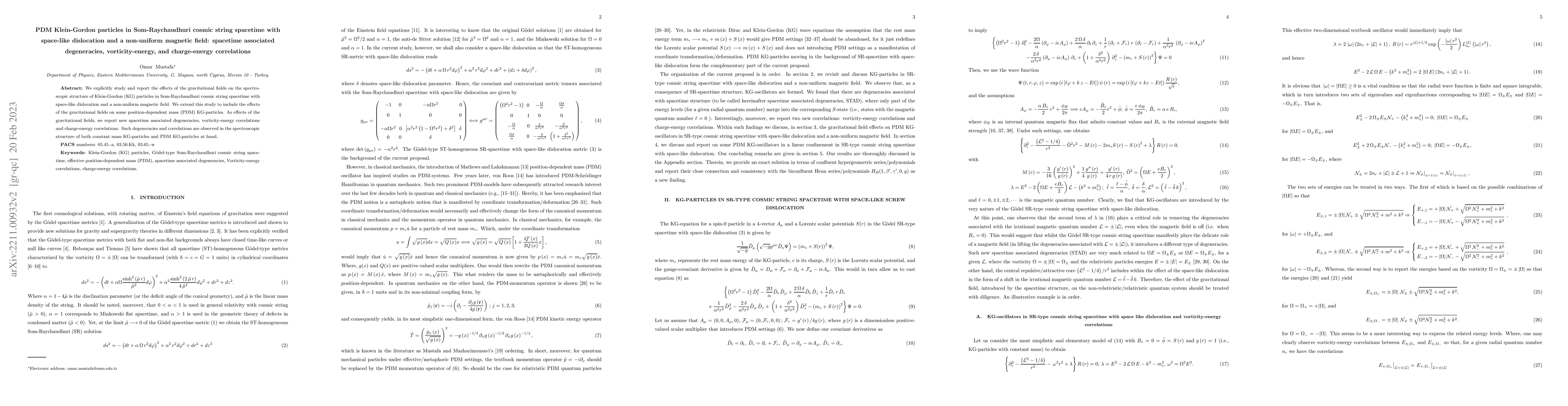 Thumbnail for PDM Klein-Gordon particles in Som-Raychaudhuri cosmic string spacetime
  with space-like dislocation and a non-uniform magnetic field: spacetime
  associated degeneracies, vorticity-energy, and charge-energy correlations