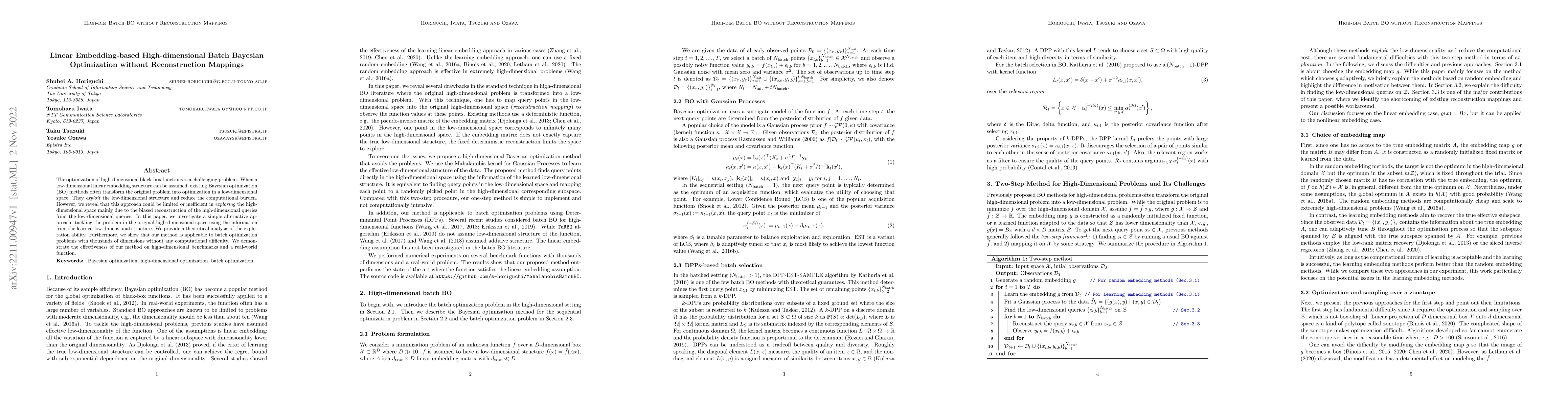 Thumbnail for Linear Embedding-based High-dimensional Batch Bayesian Optimization
  without Reconstruction Mappings